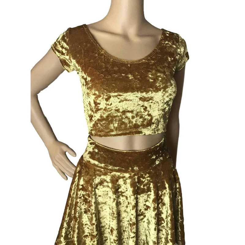 Cap Sleeve Crop Top - Gold Crushed Velvet Feminine Women's Style 