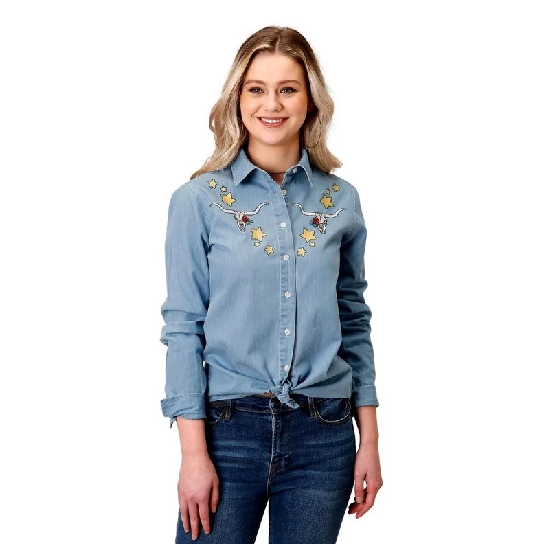 Roper Western Shirt Womens L/S Blouse Denim Blue 03-050-0565-0157 BU Traditional Women's Wool