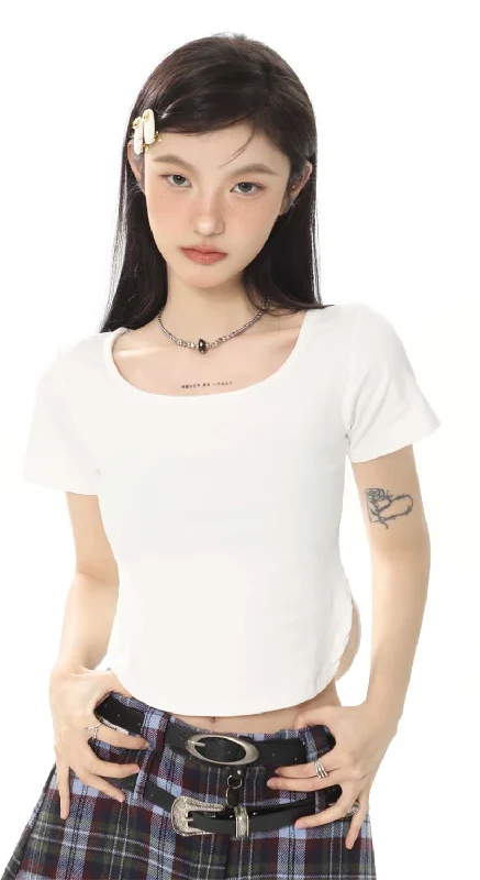 Cropped U-Neck Curve Hem Baby Tee Sleek Women's Metallic