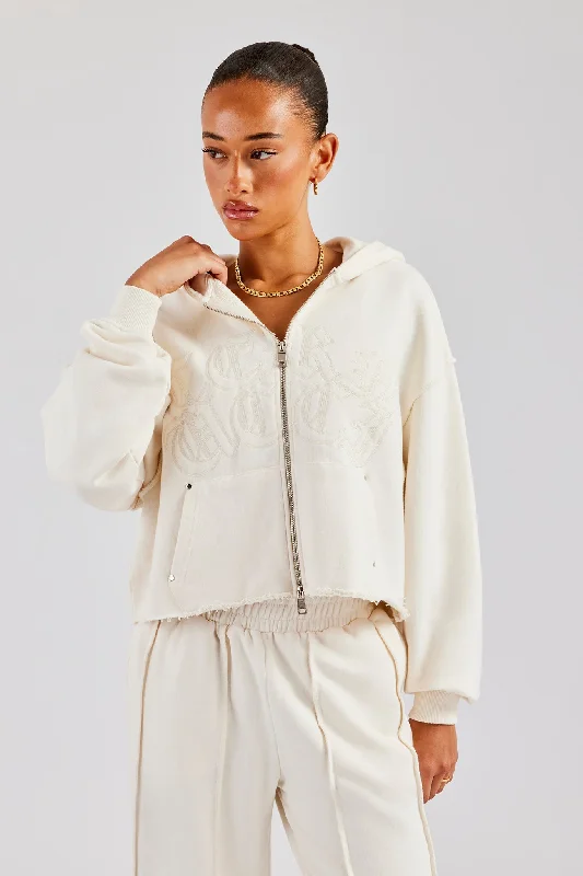 Raw Edge Zip Through Hoodie - Off White Monochromatic All - in - one
