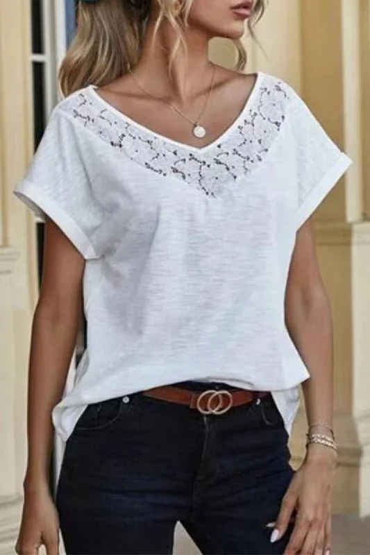 Casual Solid Lace Patchwork V Neck T-Shirts Country