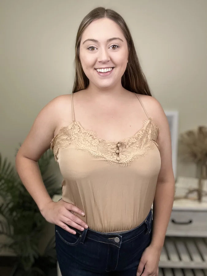 On The Edge Women's Lace Cami Button Front Sleeveless Bodysuit * Final Sale* Modern Women's Tech