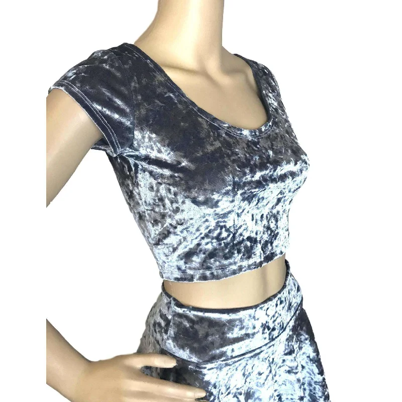 Cap Sleeve Crop Top - Silver Gray Crushed Velvet Rugged Women's Outdoor 