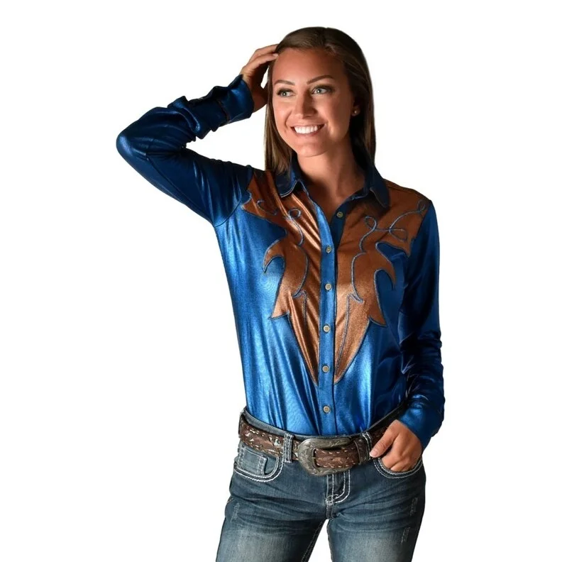 Cowgirl Tuff Western Shirt Womens Metallic Fabric L/S Blue 100674 garde