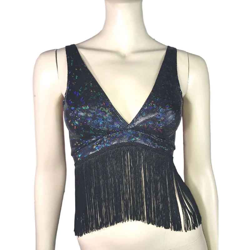 Black Shattered Glass Holographic Fringe Bralette Earthy Women's 