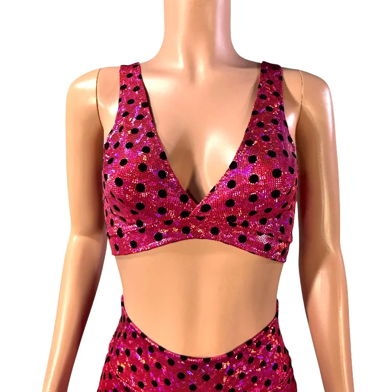 Holographic Bralette | Rave Top in Pink and Black Polka Dot Shattered Glass Dynamic Women's High - energy
