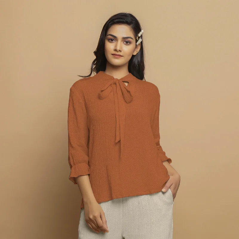 Rust Crinkled Cotton Flax Boho Tie-Neck Top Vacation