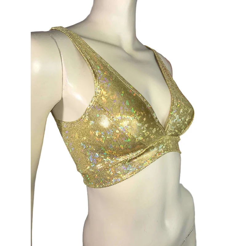 Gold Shattered Glass Holographic Bralette Unique Women's Upcycled