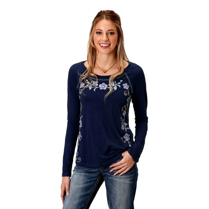 Roper Western Shirt Womens L/S Embroidery Navy 03-038-0513-7070 BU Dapper Women's Bow - adorned