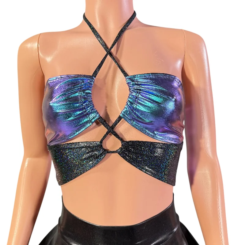 X-String Halter Top in Oil Slick and Black Sparkle Holographic performance