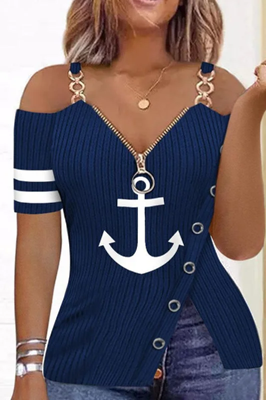 Sexy Print Patchwork Asymmetrical Zipper Collar T-Shirts Refined Women's Velvet