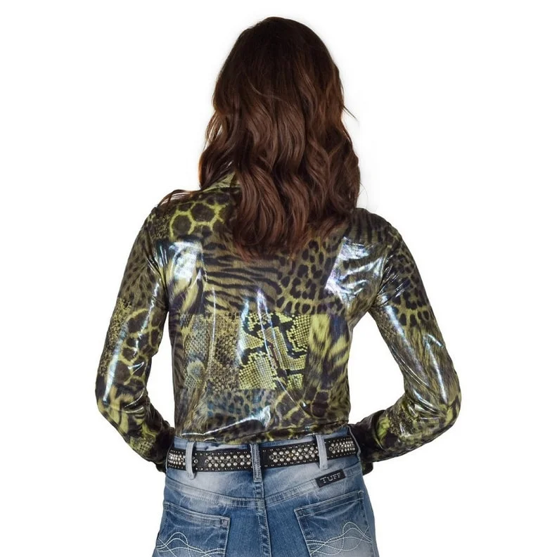Cowgirl Tuff Western Shirt Womens L/S Animal Print Shiny Green 100772 Youthful Women's Anime - inspired