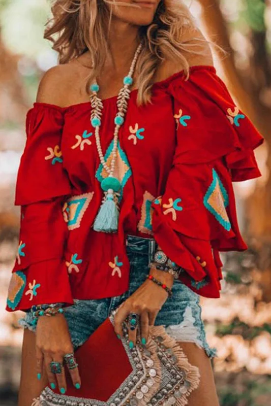Bohemian College Geometric Patchwork Off the Shoulder Tops Trendy Women's Oversized