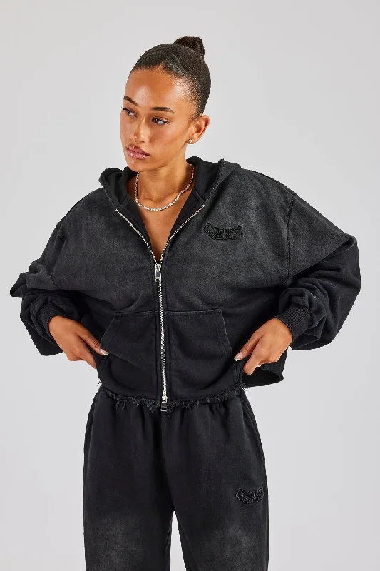 Washed Boxy Fit Zip Through Hoodie - Black Scandinavian