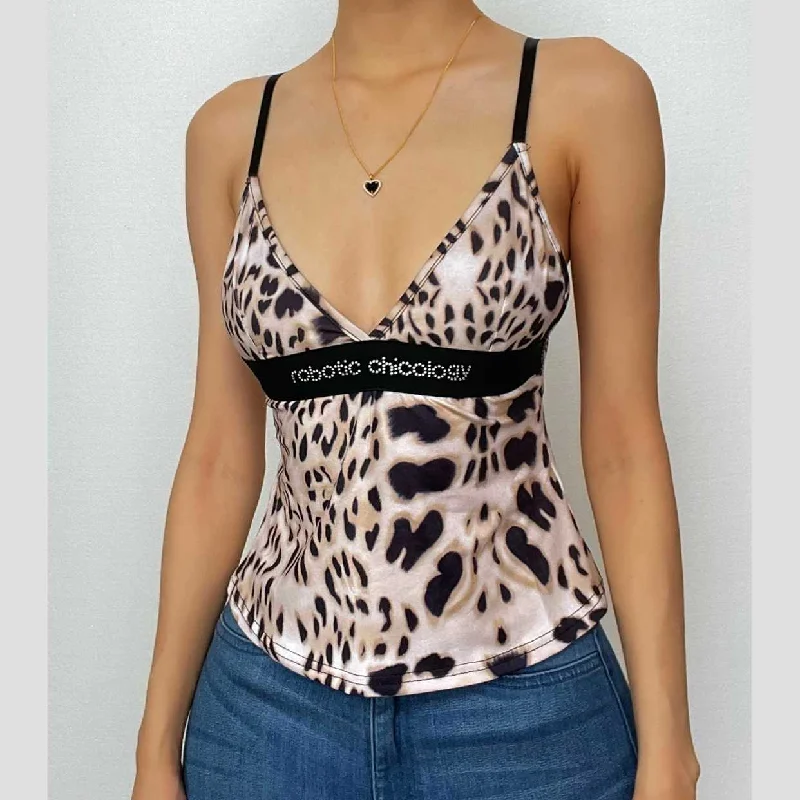 Leopard print beaded patchwork v neck backless cami top Traditional Women's 