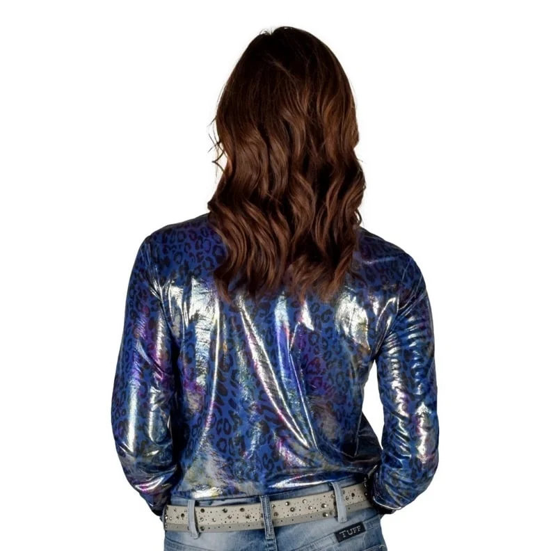 Cowgirl Tuff Western Shirt Womens L/S Foil Leopard Blue 100810 Dynamic Women's Moto