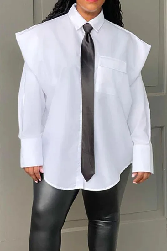 Elegant Solid Patchwork Pocket Buckle Shirt Collar Tops Dapper Women's Bow - adorned