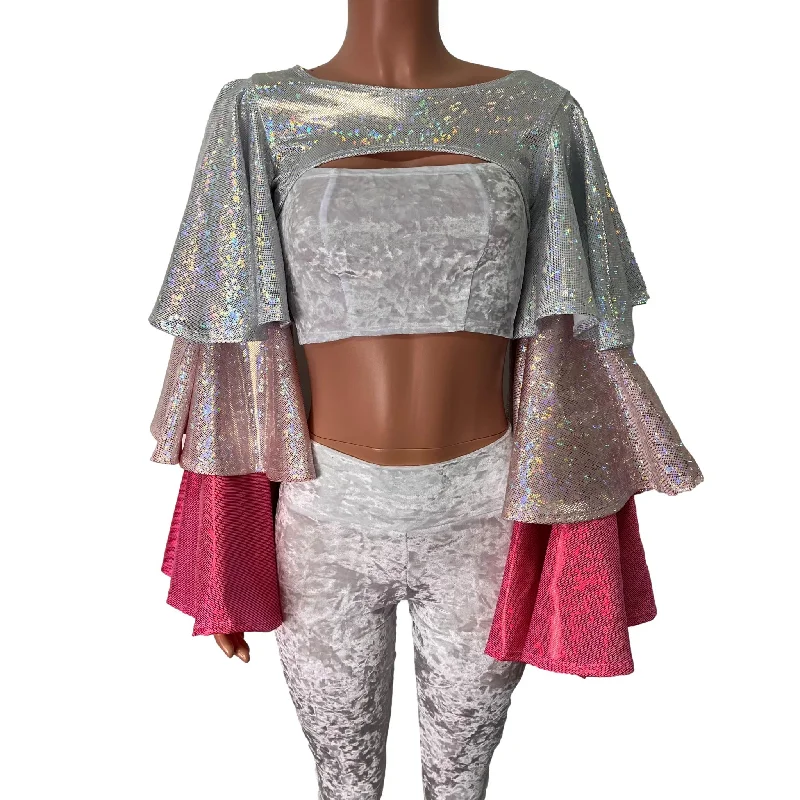 Ruffle Sleeve Bolero Top - Pink Shattered Glass Holographic Tiers Laid - back Women's Vibe