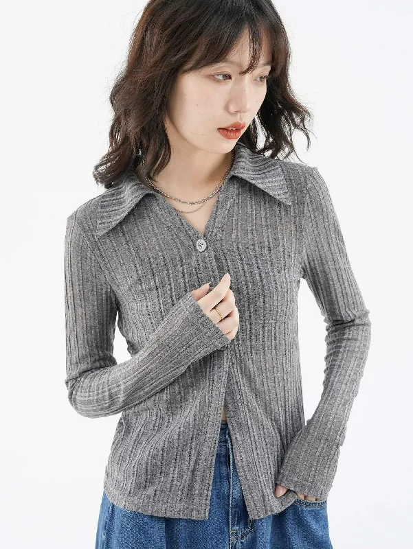 Ribbed Button Long Sleeve Top Laid - back Women's Vibe