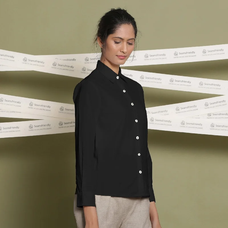 Black 100% Cotton Cuff Sleeves Button-Down Shirt Modern Women's 