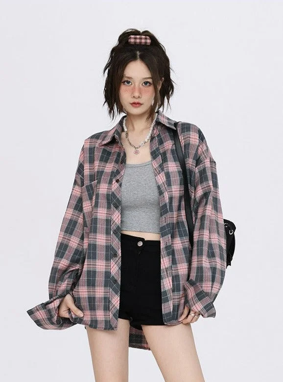 Oversized Plaid Long Sleeve Button Shirt Cashmere