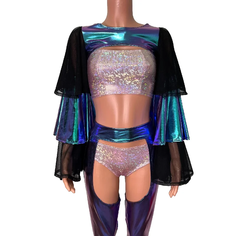 Ruffle Sleeve Bolero Top - Oil Slick and Black Mesh Traditional Women's Wool