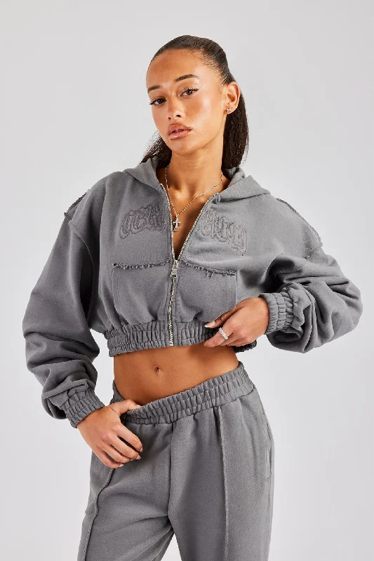 Cropped Exposed Seam  Zip Through Hoodie - Charcoal Australian Beach