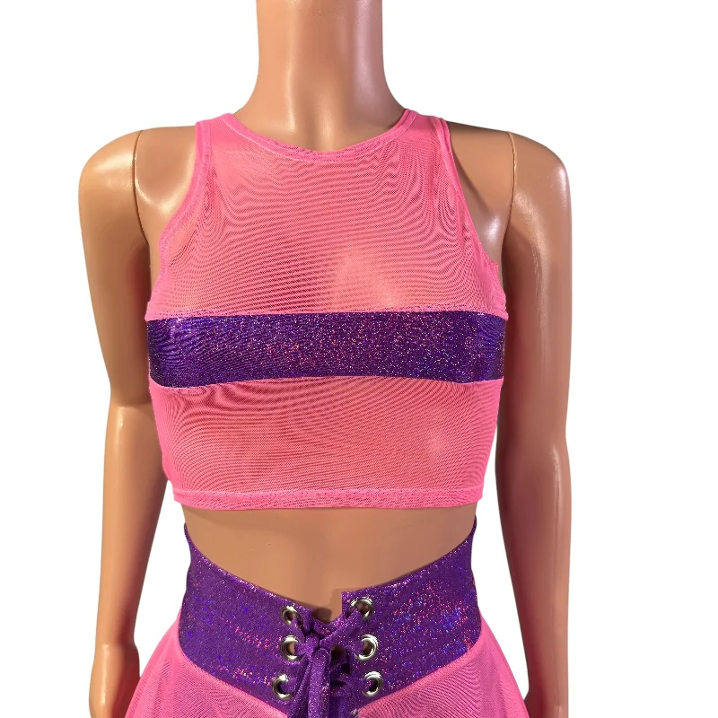 Censor Crop Tank - Pink Mesh w/ Purple Sparkle Strip Unique Women's Upcycled