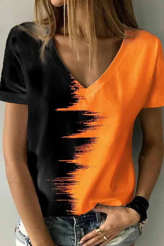 Street Print Patchwork V Neck T-Shirts(12 Colors) Practical Women's Quick - dry