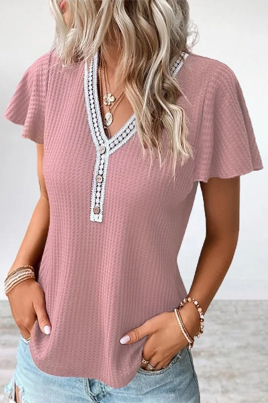 Casual Solid Patchwork V Neck T-Shirts Refined Women's Hand - crafted