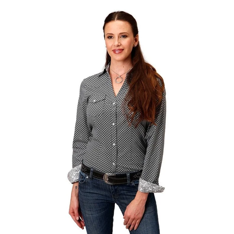 Roper Western Shirt Womens L/S V Snaps Black 03-050-0225-2013 BL Polished Women's Silk