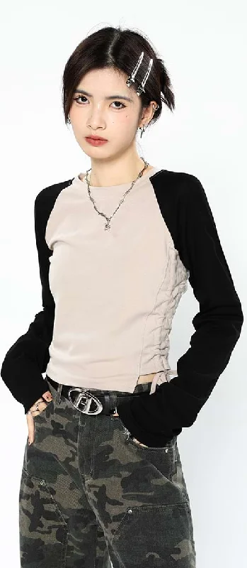 Ruched Side Baseball Long Sleeve T-Shirt Vintage Women's 1970S 