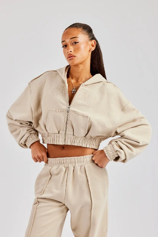 Cropped Exposed Seam  Zip Through Hoodie - Stone Trendy Women's 