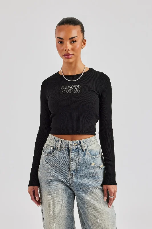 Long Sleeve Applique T-Shirt - Black Dynamic Women's High - energy