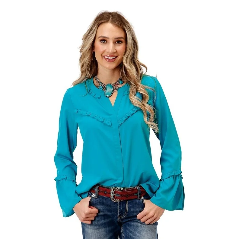 Roper Western Shirt Womens L/S Bell Solid Blue 03-050-0592-7084 BU Youthful Women's Anime - inspired