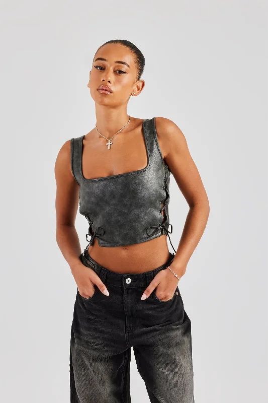 Washed PU Square Neck Top - Charcoal Rugged Women's Outdoor 