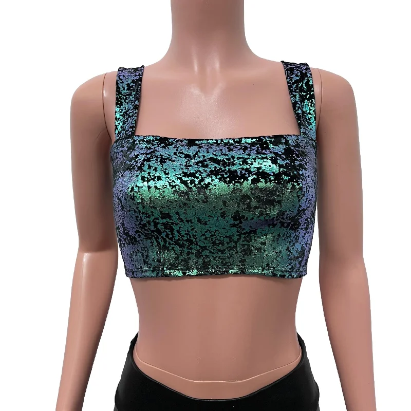 Wide Strap Square Neckline Crop Top -  Green on Black Gilded Velvet Geometric