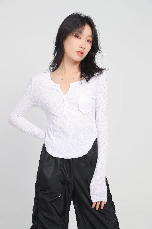 Extra Slim Ribbed Henley Tee Casual Women's Japanese 