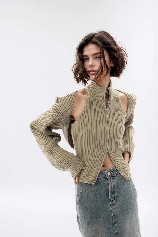 Double Zip High Neck Knit Vest and Shrug Top Monochromatic All - in - one