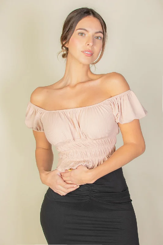 Casual Ruched Puff Sleeve Ribbed Knit Solid Top Cozy Women's Winter