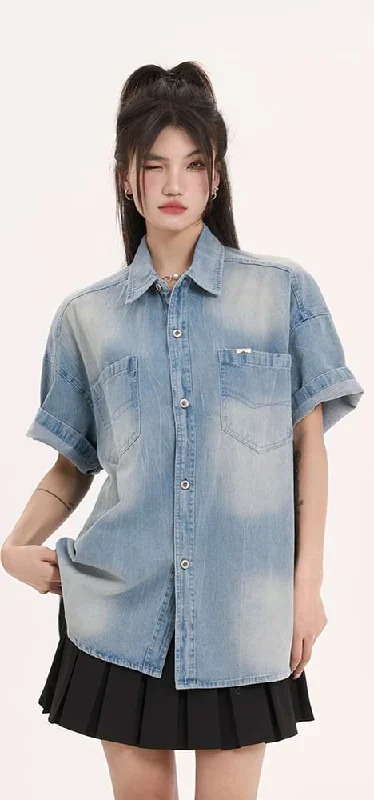 Oversized Faded Denim Button Top Trendy Women's Oversized