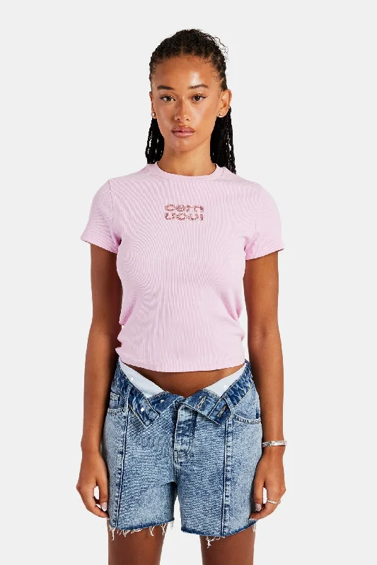 Rib Glitter Applique Baby Tee - Pink European