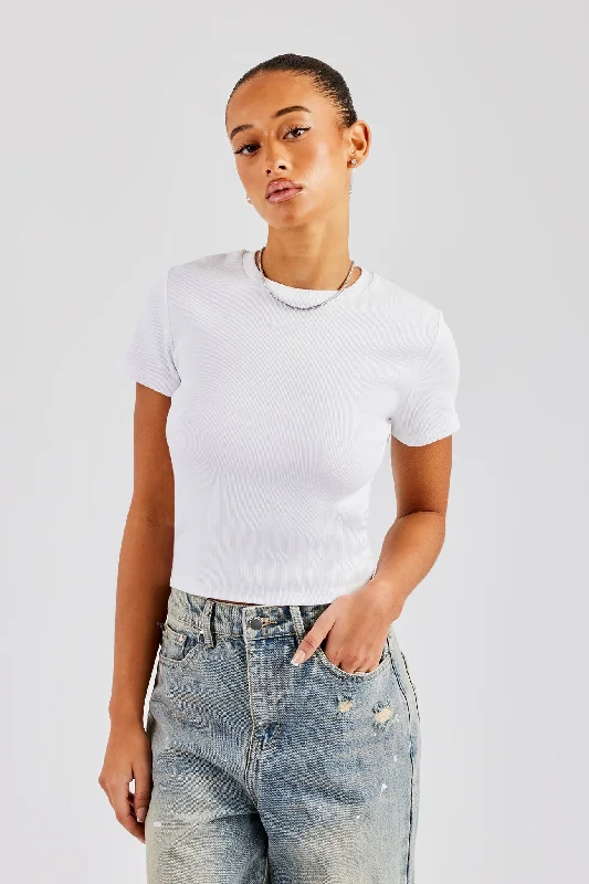 Cernucci Embroidered Rib Baby Tee - White Sophisticated Women's Tailored