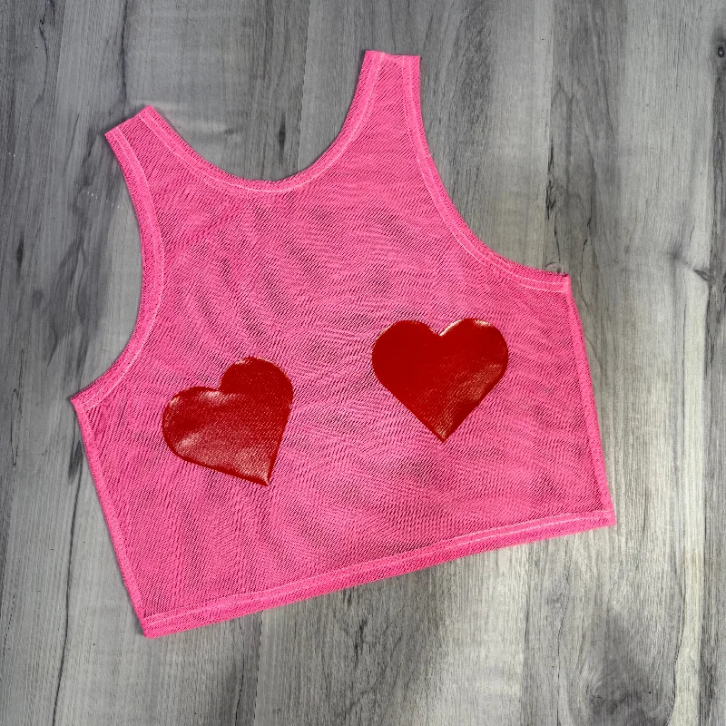 Sheer Top - Pink w/Hearts Mesh Crop Top in Valentine's Raves, Festivals, Performers, Aerial, Pasties Pole Shirt Sporty Women's Athleisure 