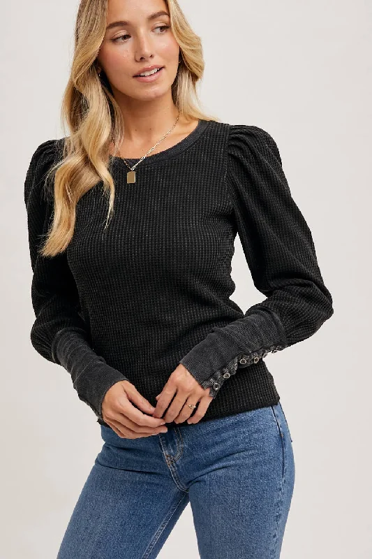 BLUIVY PUFF SLEEVED WAFFLE KNIT PULLOVER Relaxed Women's Beachy