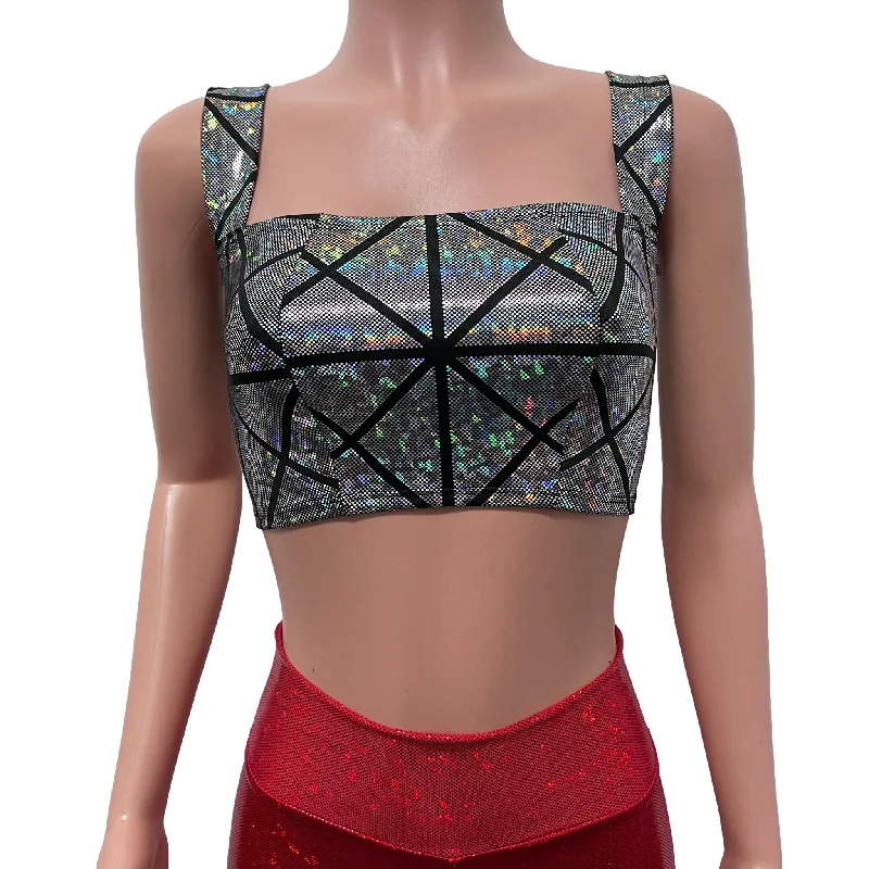 Wide Strap Square Neckline Crop Top - Silver Glass Pane Holographic Disco