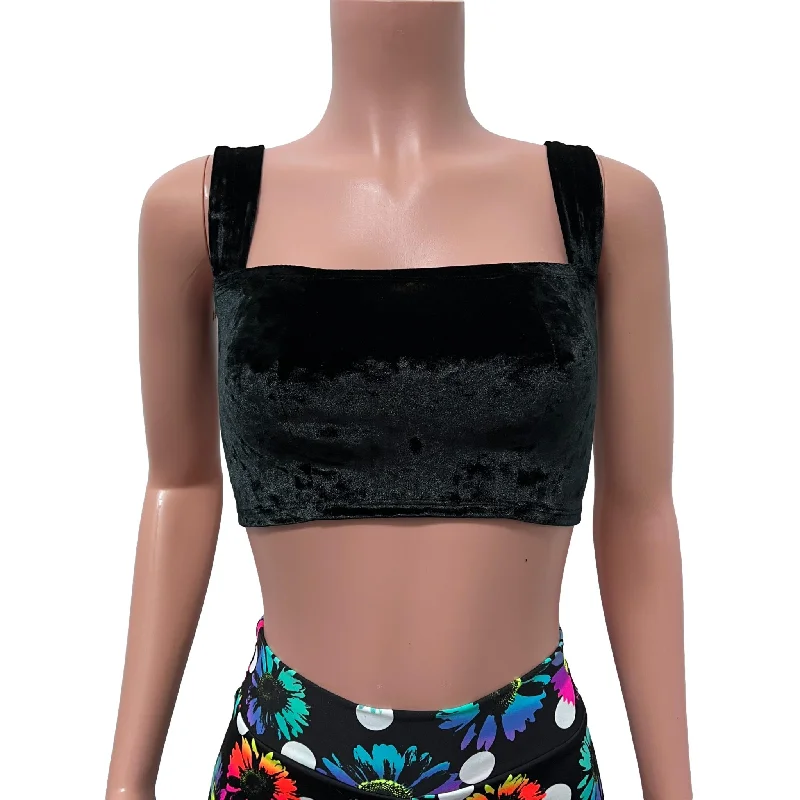 Wide Strap Square Neckline Crop Top - Black Crushed Velvet Minimalist Women's Casual Wide Strap Square Neckline Crop Top - Black Crushed Velvet Minimalist Women's Casual