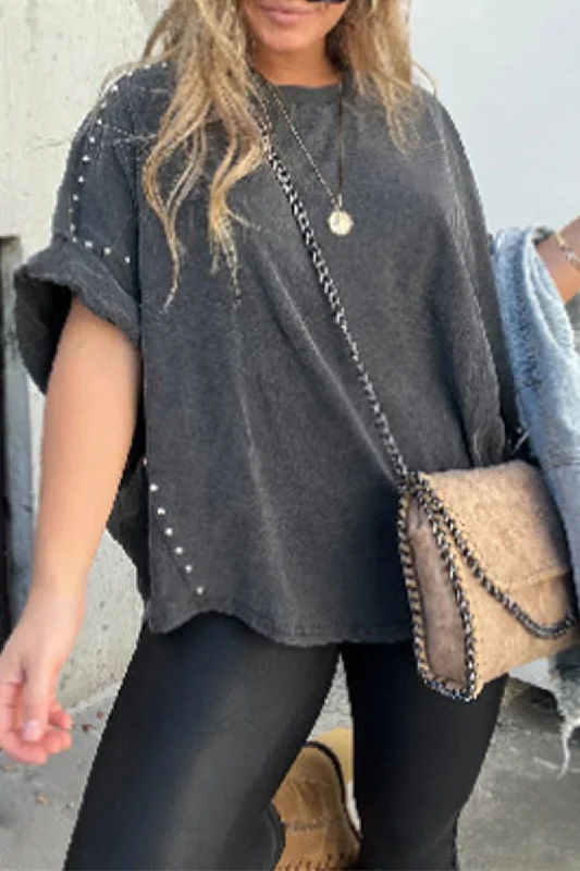 Casual Solid Rivets Make Old O Neck T-Shirts Polished Women's Silk