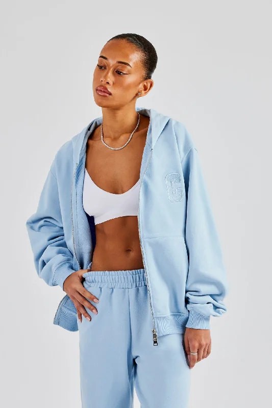 Embroidered C Zip Through Hoodie - Baby Blue Confident Women's High - fashion