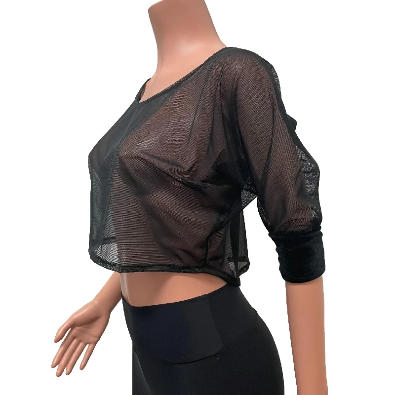 Dolman Crop Top in Black Mesh Sheer Loose Tee Rave Top Refined Women's Classic 